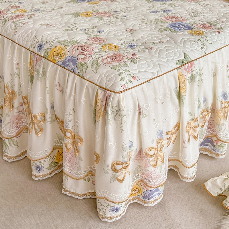 A类全棉夹棉床裙单件2024年新款高端100纯棉公主风床罩套四季通用