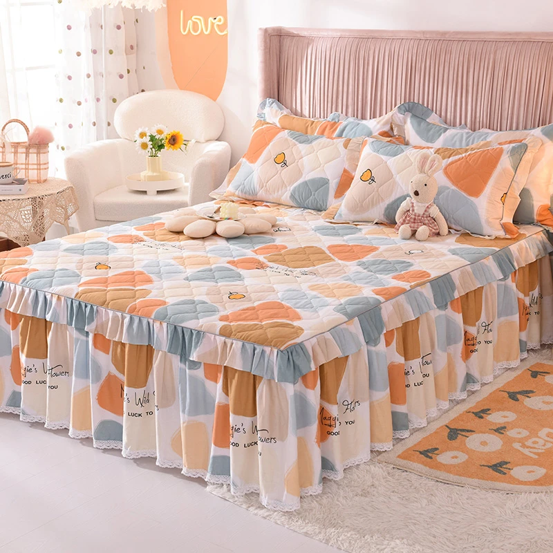 2022年新款加厚床罩床裙式单件纯棉夹棉床围裙罩公主风花边三件套