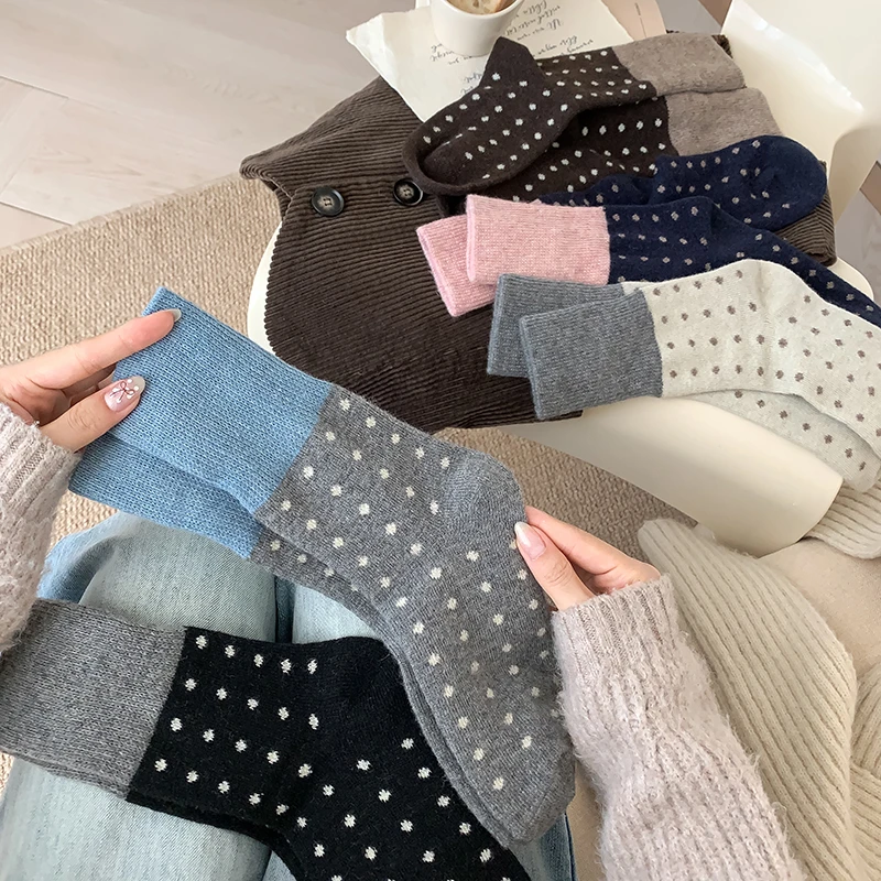 羊毛波点袜子女中筒袜秋冬加厚保暖复古日系圆点拼接撞色羊绒长袜