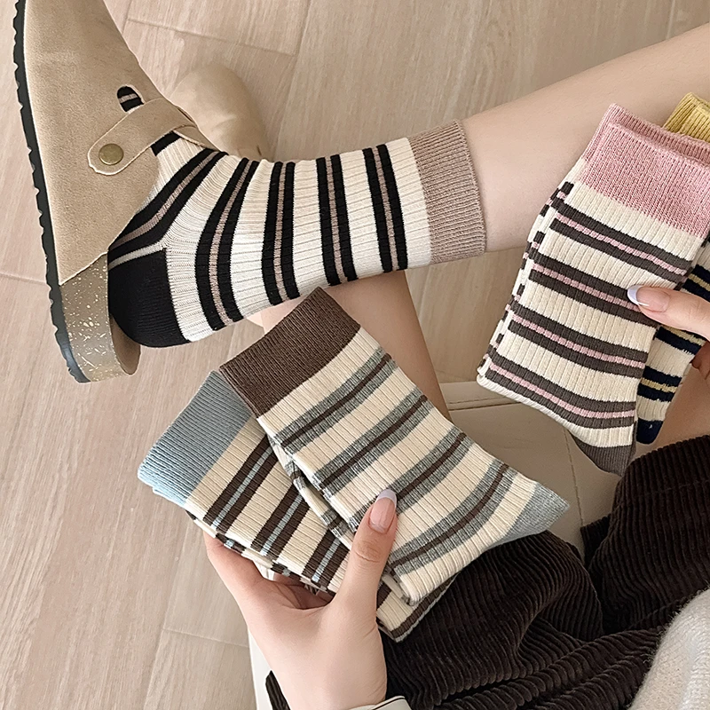 撞色条纹袜子女春秋款双针纯色无骨中筒袜ins潮韩系复古堆堆长袜