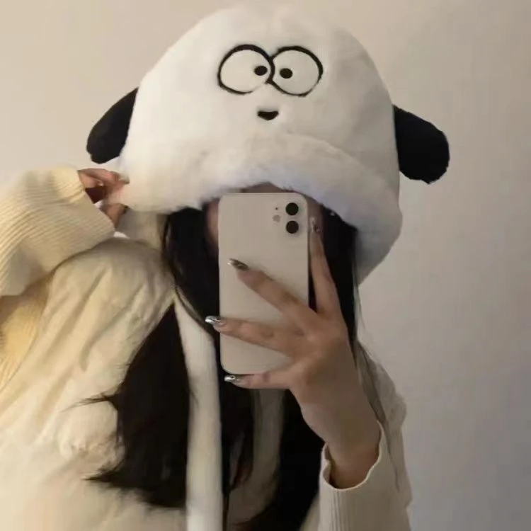 日系可爱卡通小狗毛绒雷锋帽子女秋冬季骑车保暖百搭系带护耳帽潮