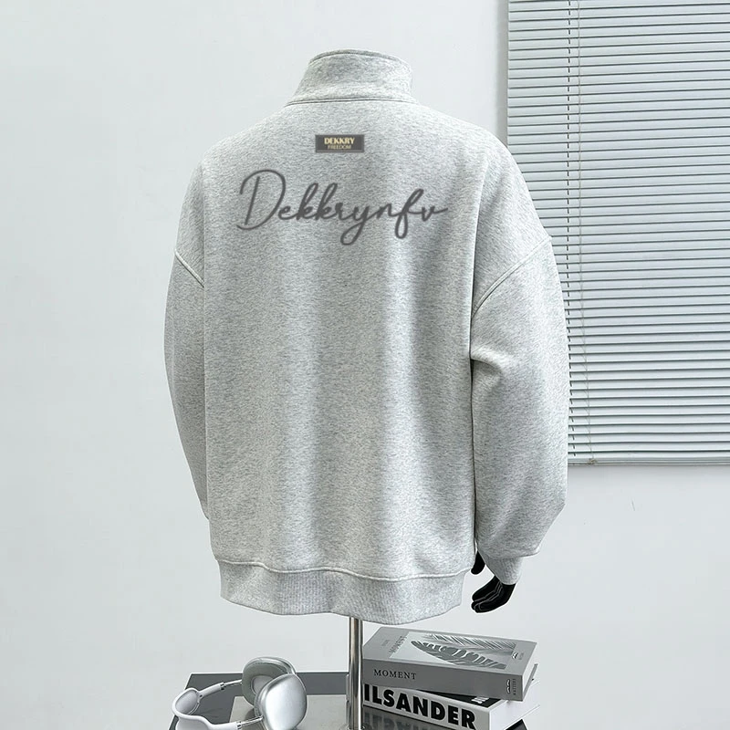 美式高街简约印花重磅卫衣男女同款宽松百搭个性宽松半拉链上衣