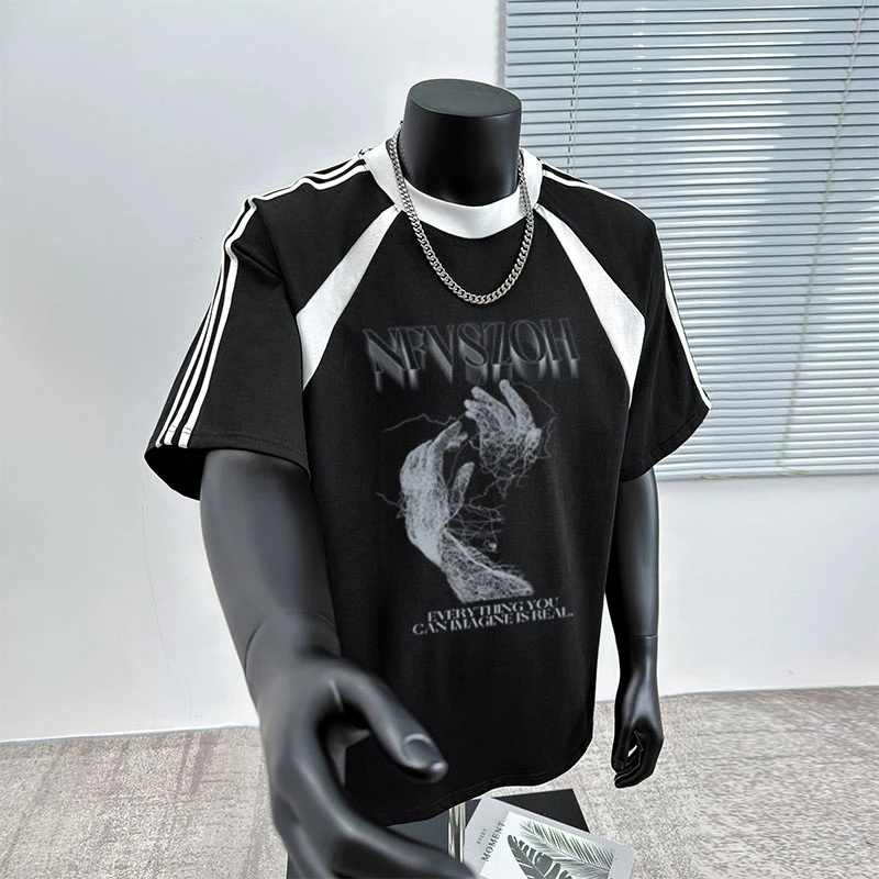 街头潮牌字母印花纯棉短袖t恤男女夏季休闲宽松百搭拼接圆领上衣