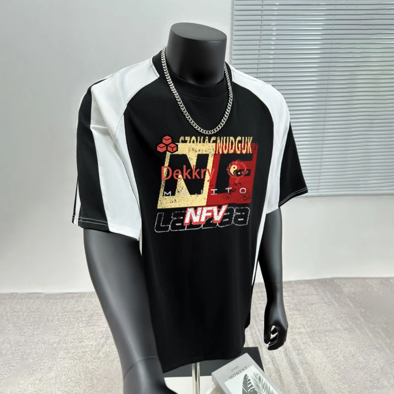 欧美字母印花纯棉短袖t恤男女夏季设计拼接痞帅休闲百搭圆领上衣