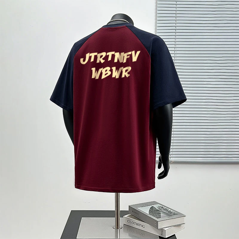 港风简约字母印花纯棉短袖t恤男夏季青年宽松休闲拼接百搭圆领上