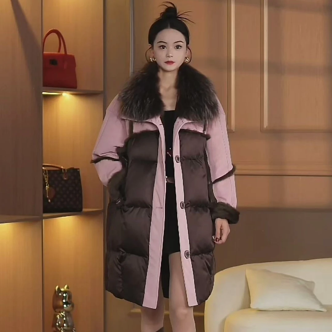 2024年秋冬季新款鹅绒内胆大毛领貉子毛羽绒外套女长款时尚MS003