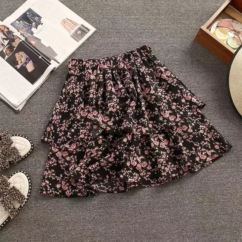 碎花系带荷叶边松紧高腰半身裙女2025夏季新款韩版显瘦a字短裙子