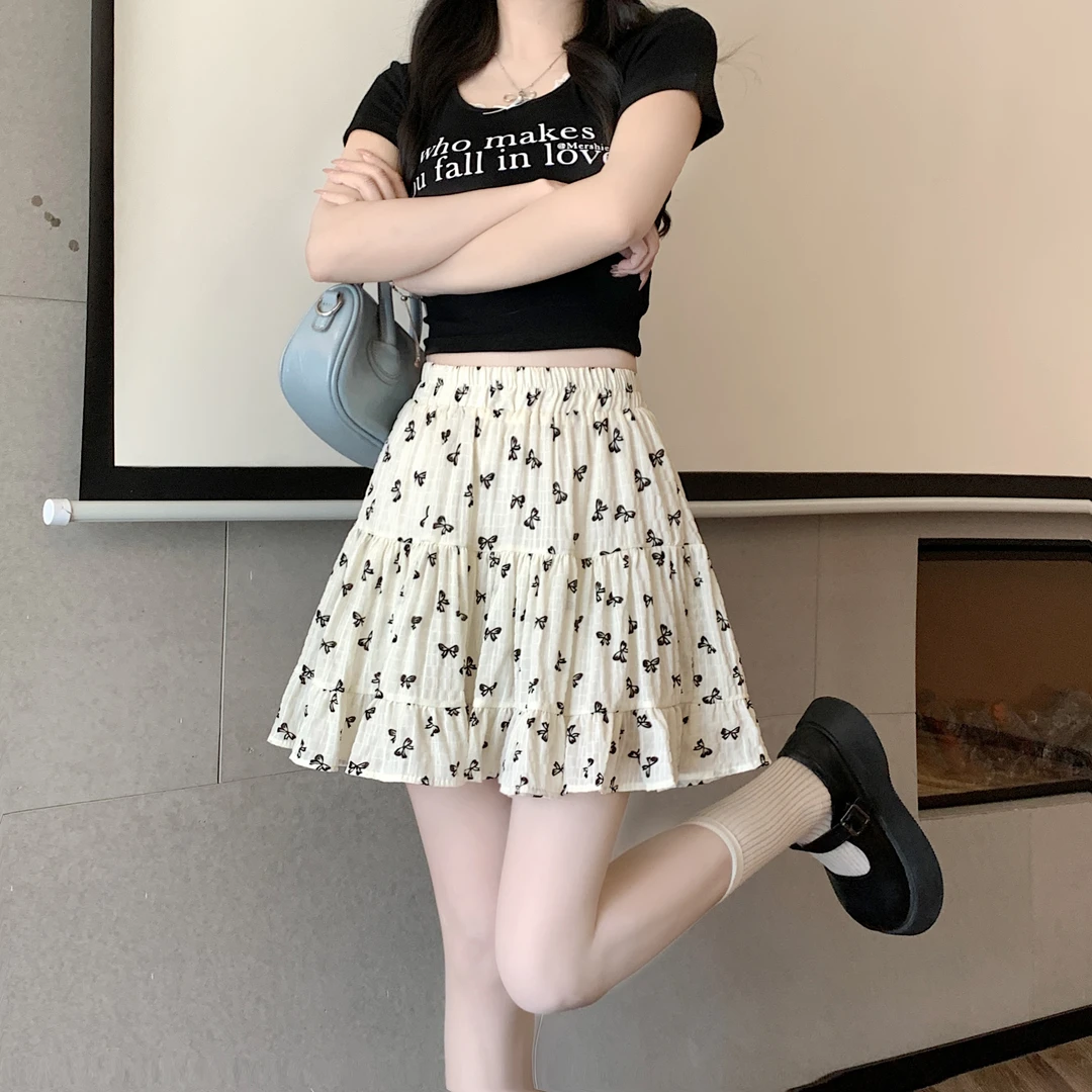 碎花系带荷叶边松紧高腰半身裙女服装夏季新款韩版显瘦A字短裙子