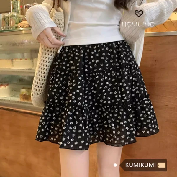 碎花系带荷叶边松紧高腰半身裙女2025夏季新款韩版显瘦a字短裙子