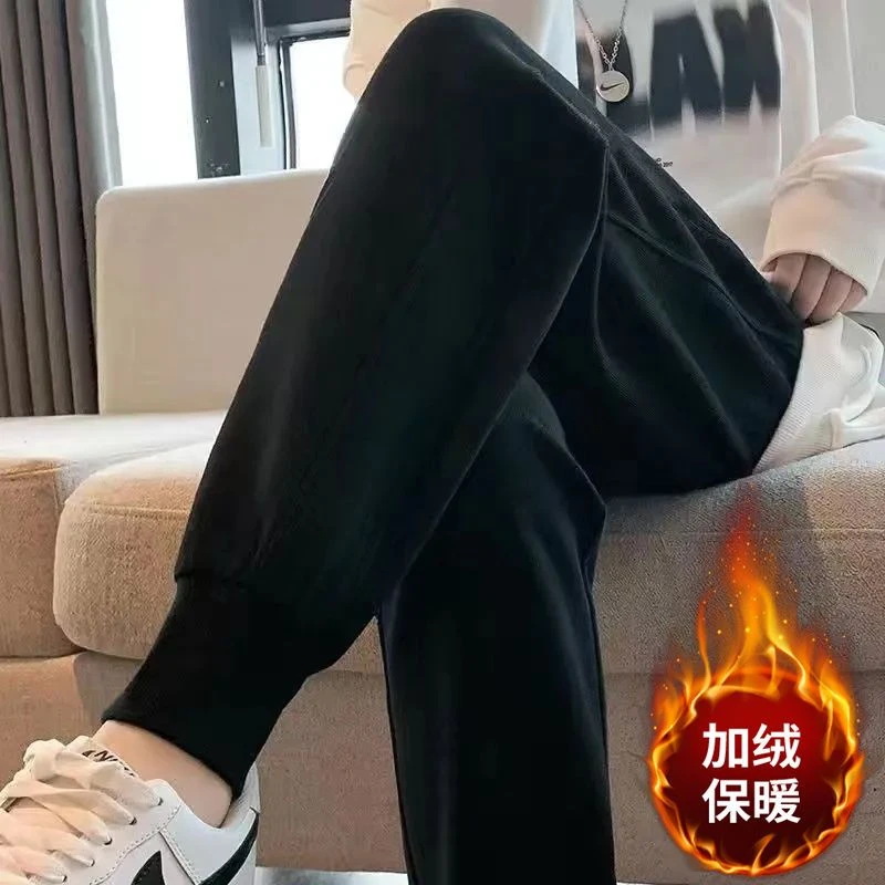 秋冬哈伦裤灰色加绒卫裤子运动裤女冬季ins小个子加厚外穿运动裤