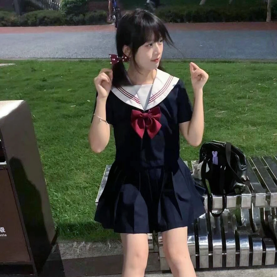 可爱舒适款白领红三本水手服日系JK压褶正统基础款百搭套装学院风
