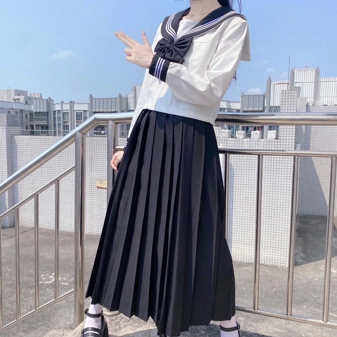日系经典基础款JK制服水手服精品海军风女春秋季白三本长袖水手服