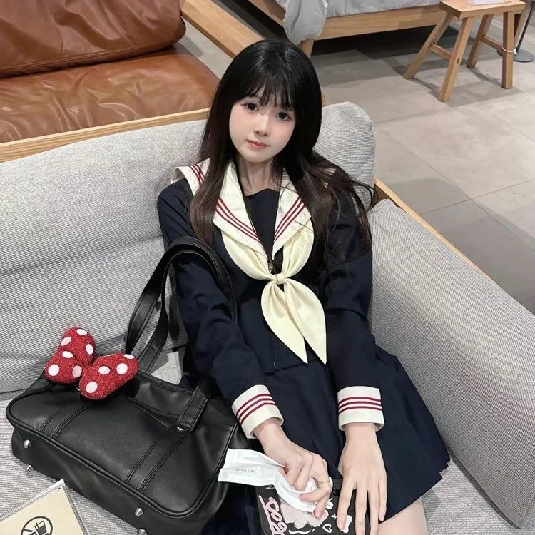 日系原创正版米黄领JK制服套装中间服基础款绀色加大码胖MM水手服