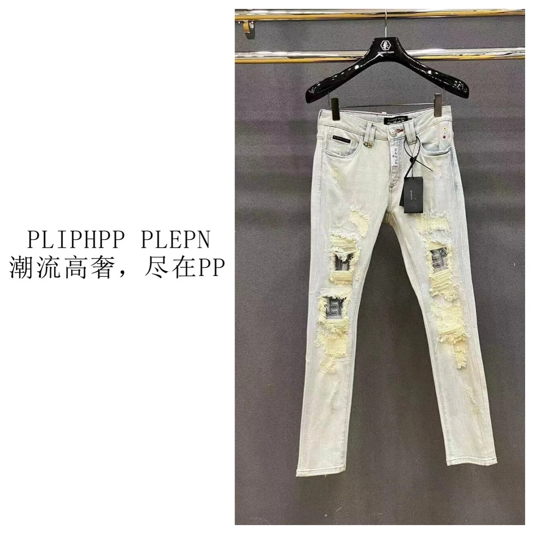 2024新品PP    金雀黄浅色水洗破洞男士弹力修身黄泥牛仔裤6652