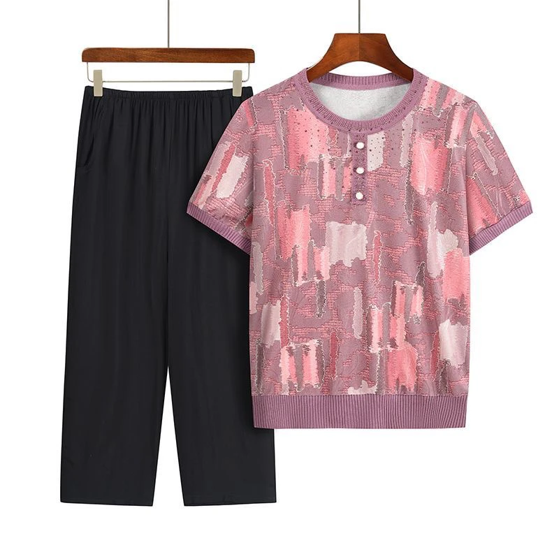 妈妈夏装套装时尚新款短袖T恤奶奶夏季冰丝上衣中老年衣服两件套