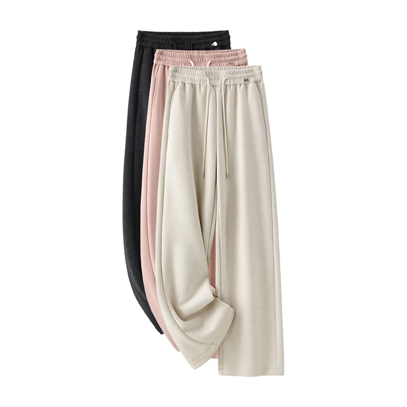 保暖羊毛阔腿裤女2024秋冬季新款松紧高腰柔软休闲羊毛呢直筒裤子