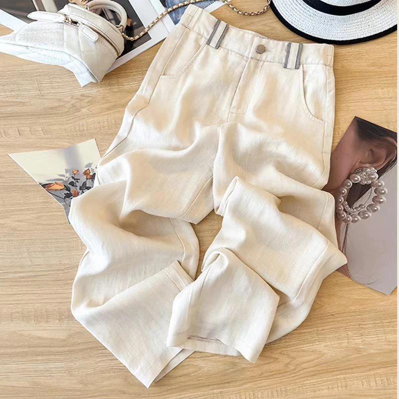宽松亚麻阔腿裤女夏薄款高腰垂感窄版直筒长裤休闲裤子瘦版阔腿裤