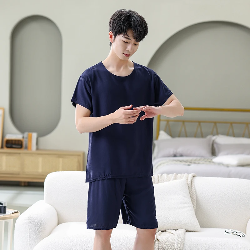男士绵绸睡衣男夏季绵绸薄款短袖夏天套装人造棉家居服短裤两件套