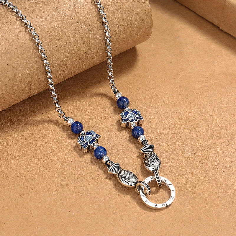 坠链均925银 纯银双鱼莲花项链女万能扣双面复古长款百搭毛衣链潮