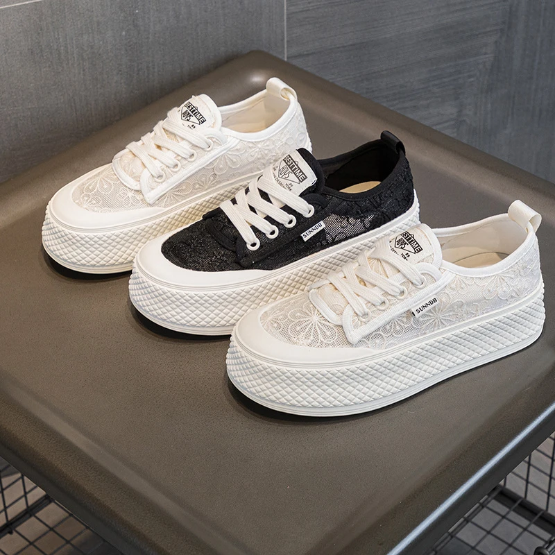 35-43码夏季透气网鞋小白鞋厚底百搭薄款渔夫鞋蕾丝大码女鞋