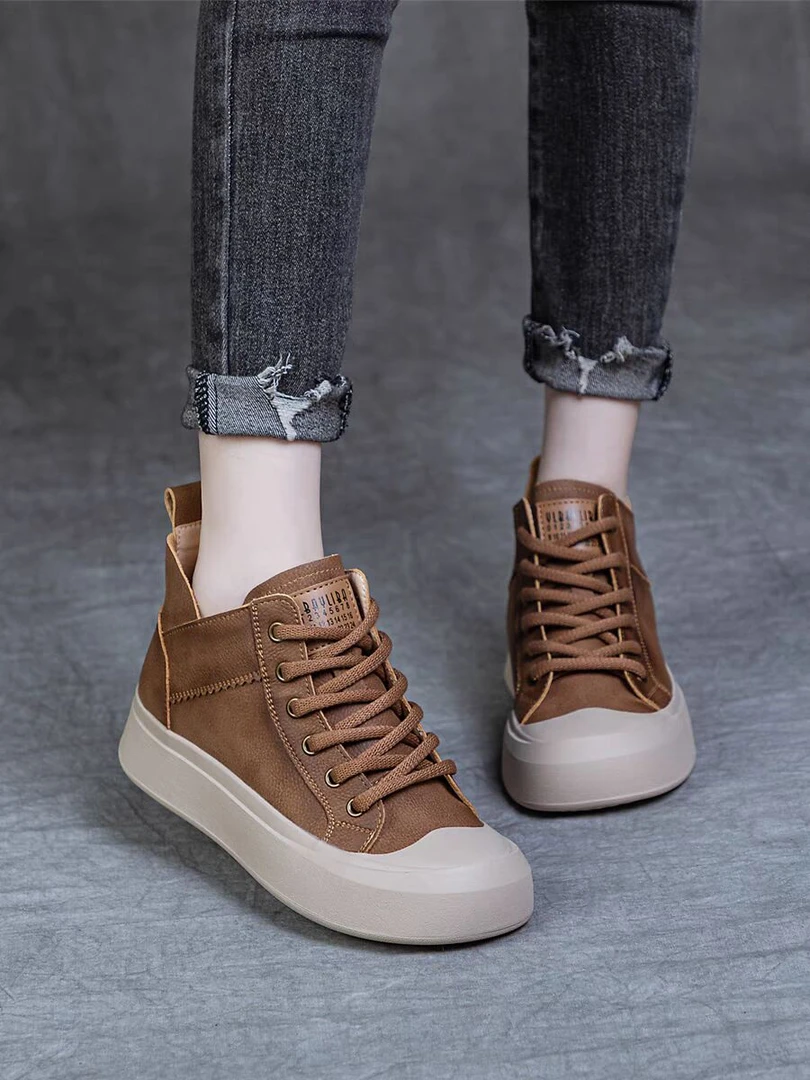 真皮软底平底女鞋时尚真皮复古百搭厚底高帮鞋爆款系带女鞋子春秋