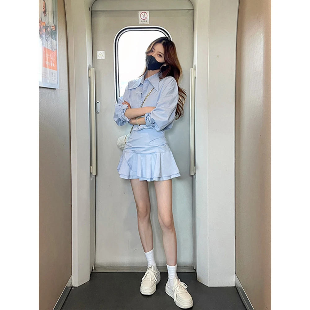 2024假两件白色长袖衬衫连衣裙收腰裙子女装新款