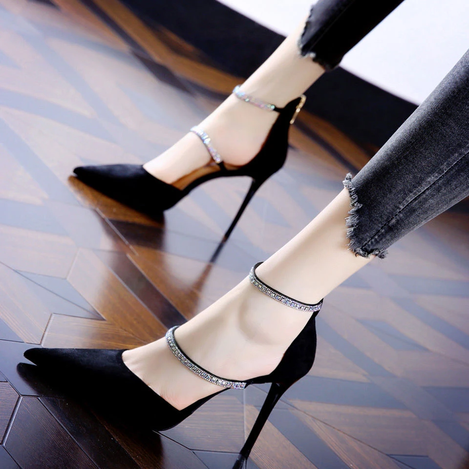 2024水钻礼服高跟鞋女秋季新款名媛风尖头绒面设计感小众细跟单鞋