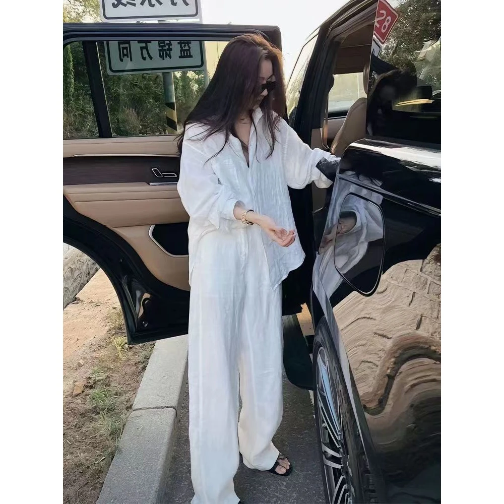2024大码微胖显瘦高级感小众气质名媛休闲纯白遮肉衬衫裤子两件套