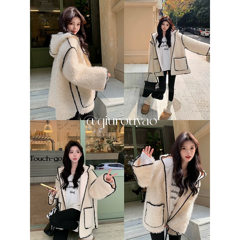 周周【QIUROUYAO邱肉瑶】牛奶奥利奥*拼色绒毛毛外套