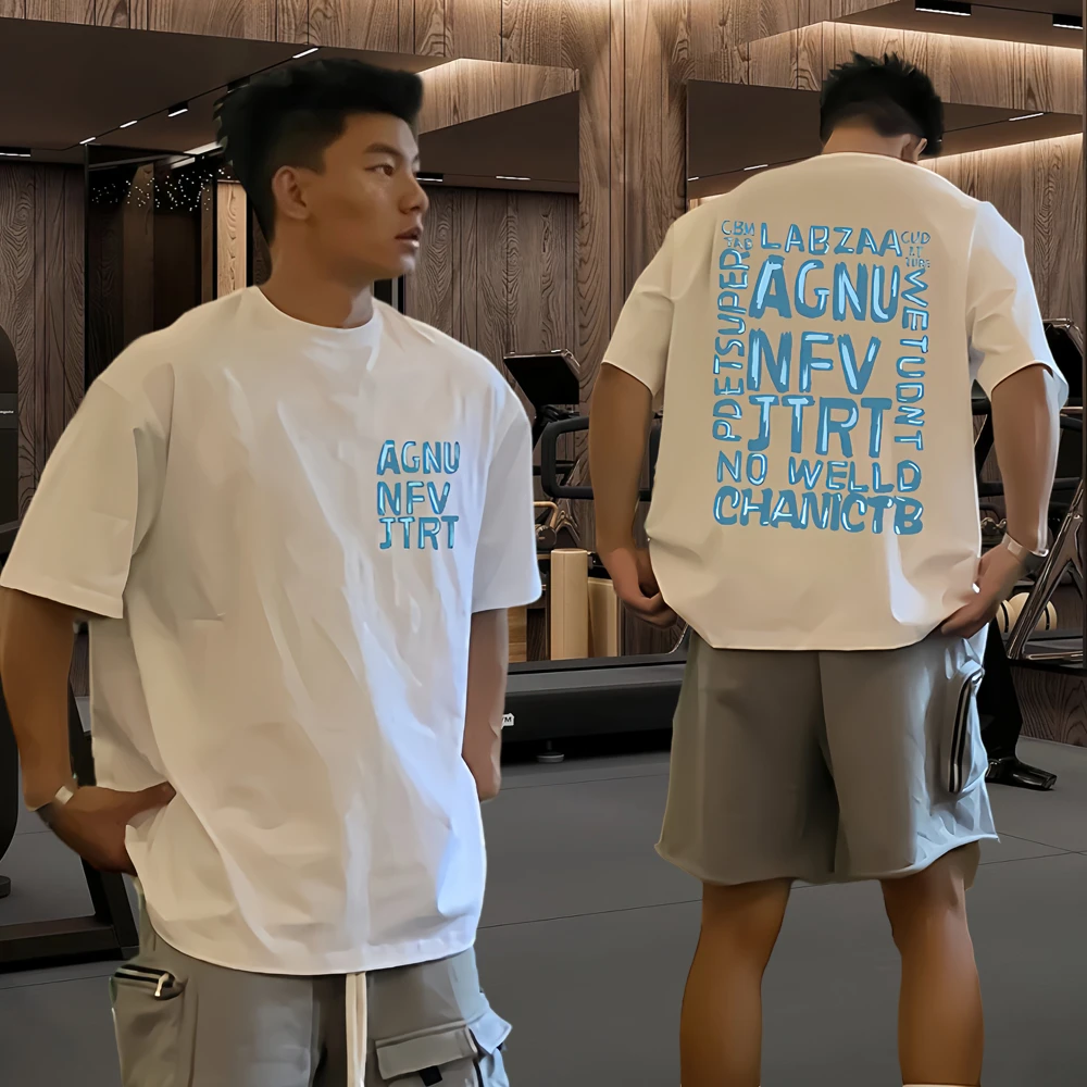 夏季潮流休闲运动宽松白色圆领T恤美式纯棉高街街头印花上衣情侣