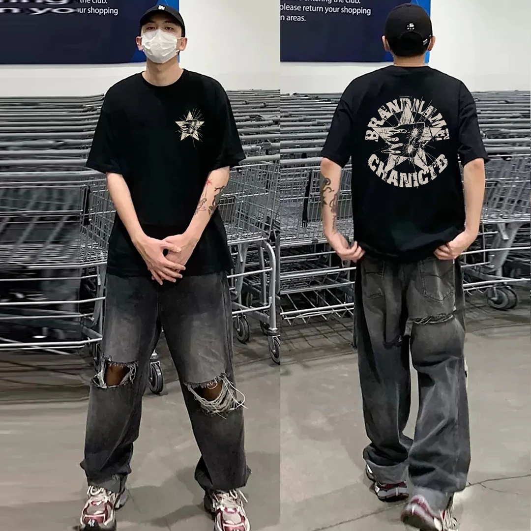 夏季高街潮流嘻哈圆领半袖纯棉T恤百搭休闲美式印花宽松上衣情侣