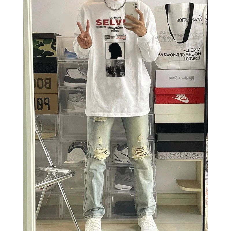 美式vibe高街风纯棉T恤男款秋季设计感小众ins潮牌宽松长袖上衣服