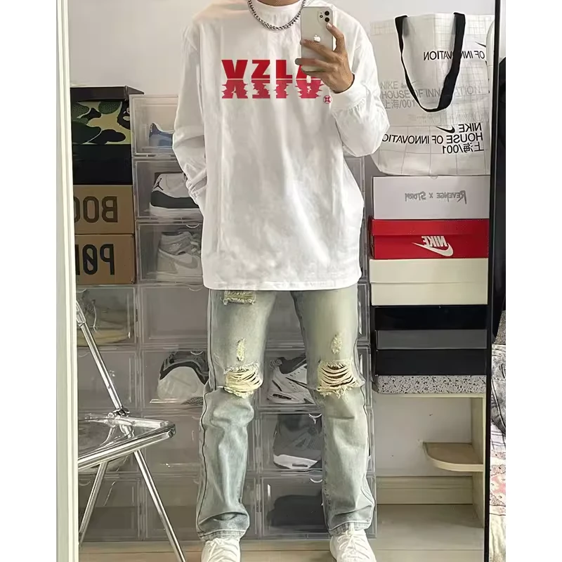 美式高街潮牌重磅纯棉长袖t恤秋季男款高街风小众ins宽松T恤上衣