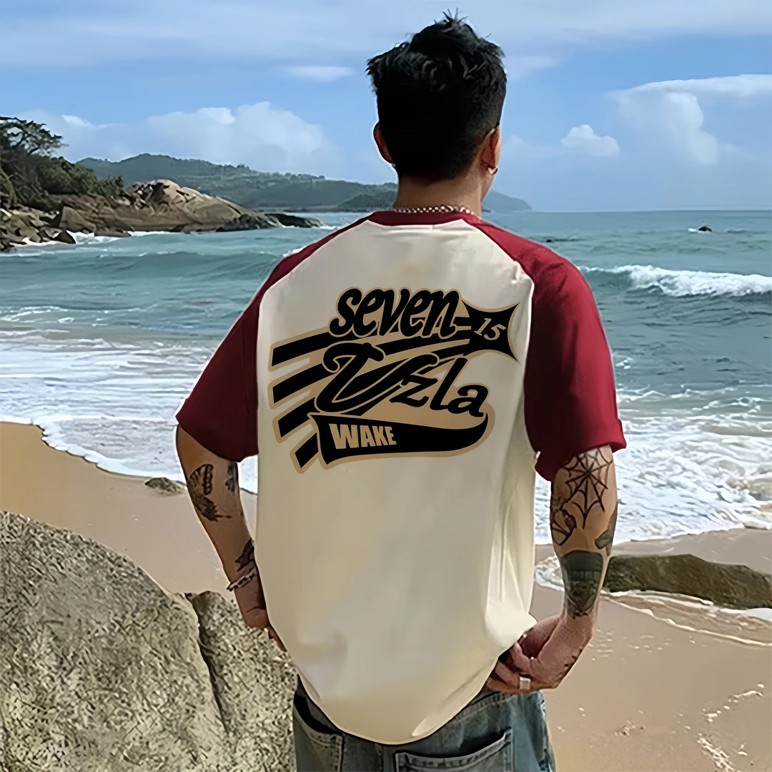 复古高街潮牌个性印花短袖T恤男款夏季美式插肩纯棉重磅半袖上衣