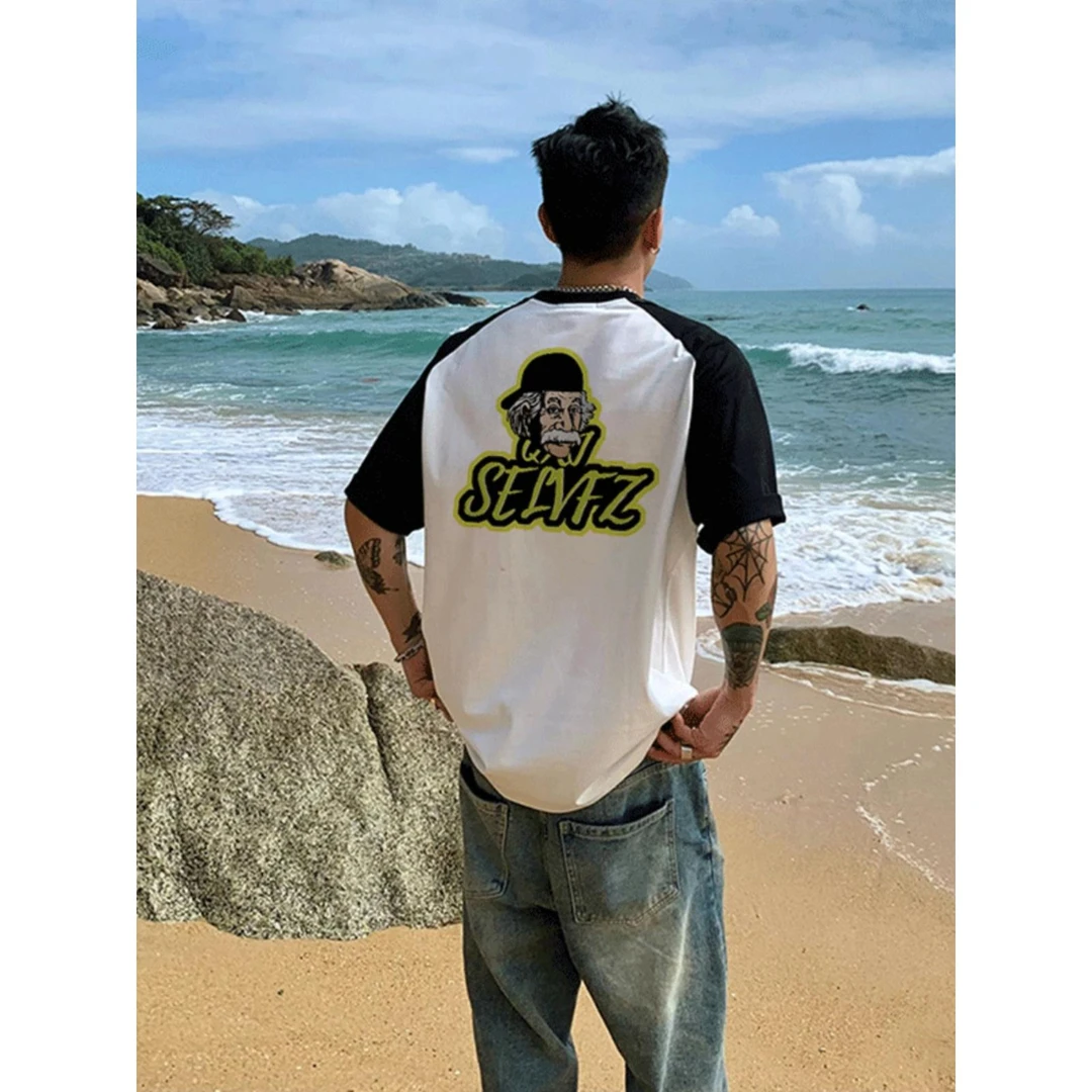 夏季美式撞色插肩重磅纯棉短袖T恤男款潮牌高街宽松拼接半袖上衣