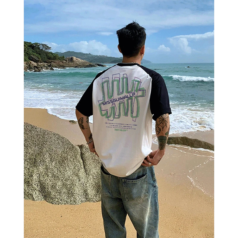 美式高街撞色插肩纯棉短袖T恤男款夏季潮牌重磅宽松拼接半袖上衣