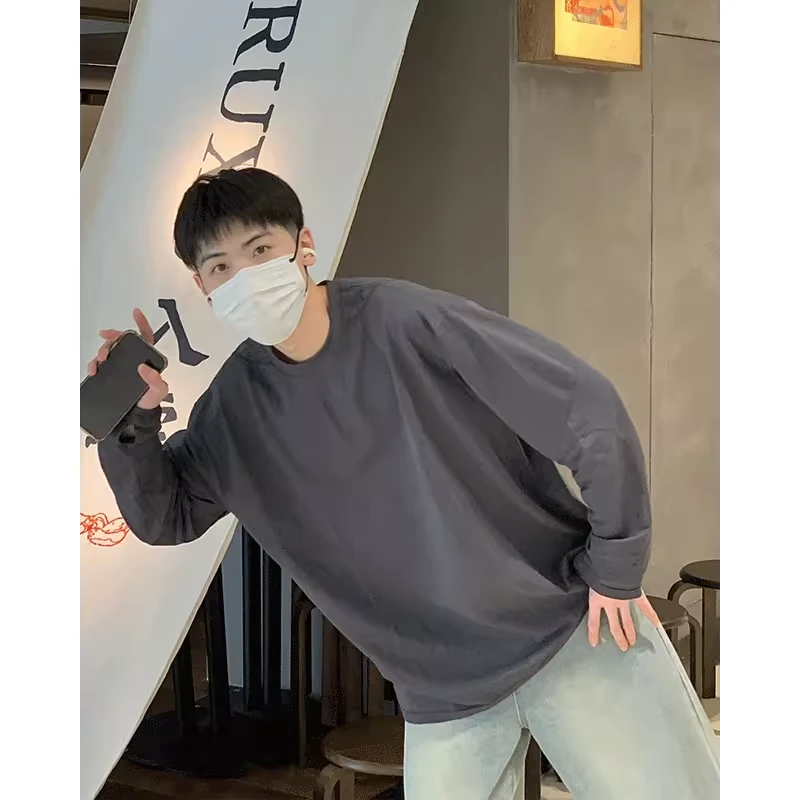 美式复古纯色潮牌长袖t恤男士2024秋季新款宽松纯棉重磅内搭上衣