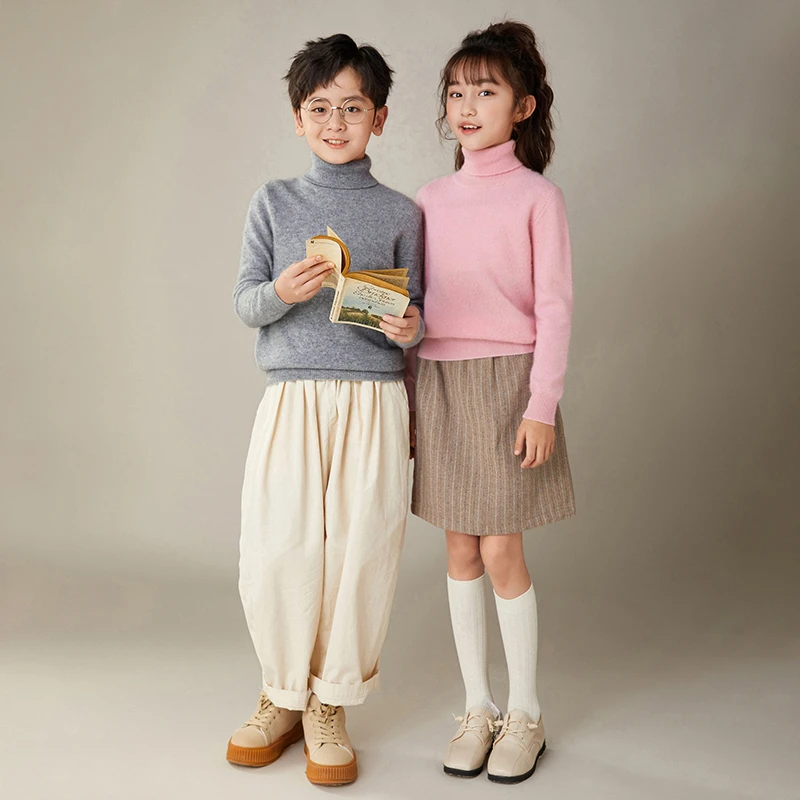 100%羊毛衫女童针织衫儿童高翻领套头毛衣男童打底衫加厚纯色上衣