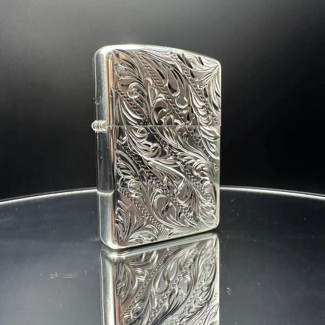 zippo镀银手雕-盔甲唐草花 双面雕刻五面雕刻唐草花纹DY9912QT