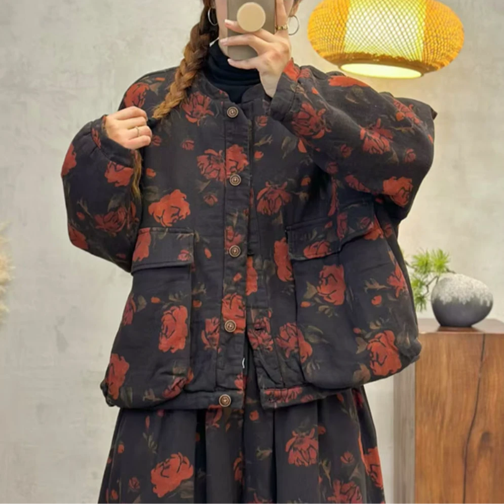 冬季新款纯棉数码印花加厚行棉花棉袄底边抽绳短款加厚小棉衣