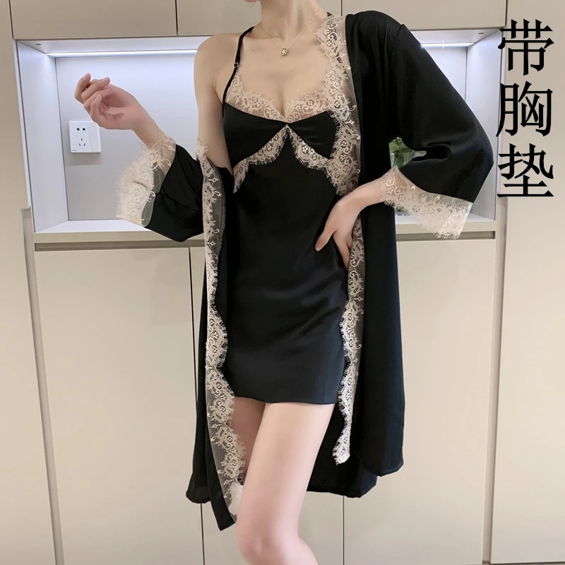睡衣女秋冬性感吊带睡裙冰丝家居服套装春季带胸垫睡衣诱惑