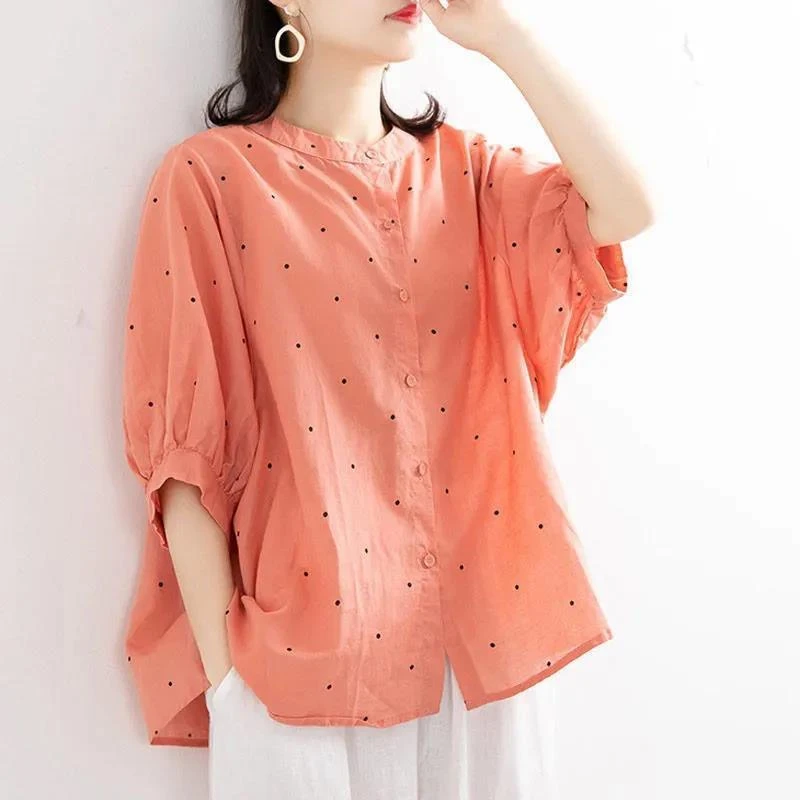 棉麻波点衬衫女夏季文艺大码显瘦休闲上衣宽松百搭减龄气质衬衣薄