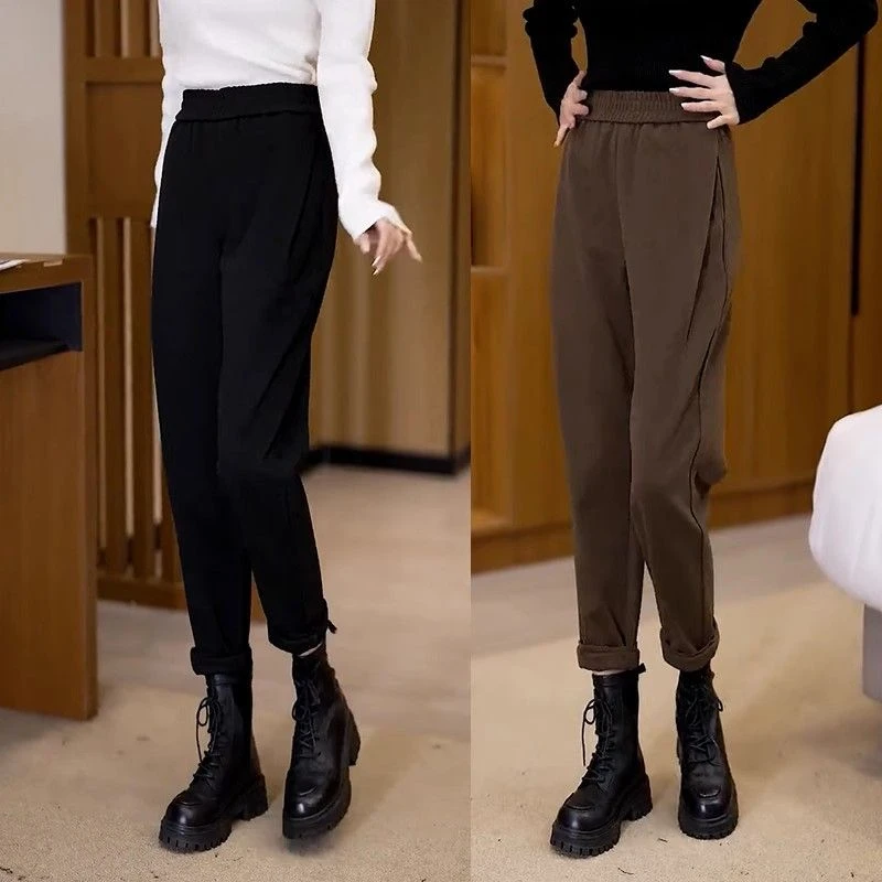 毛呢哈伦裤女秋冬季2025今年新款高腰显瘦直筒裤洋气保暖黑色裤子