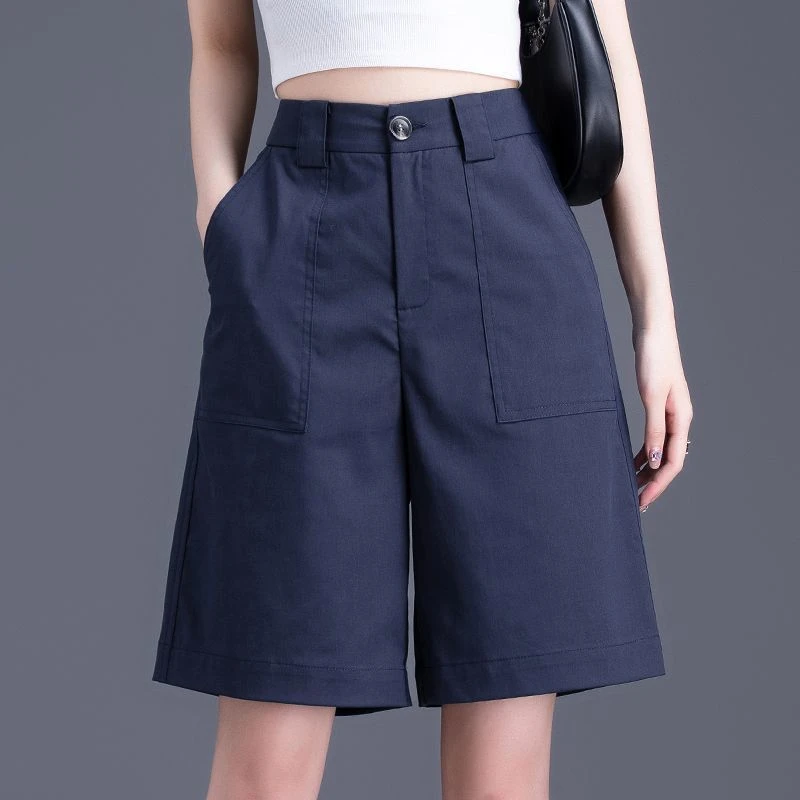 大码西装短裤女夏季薄款2025新款藏蓝色五分裤女直筒休闲a字中裤