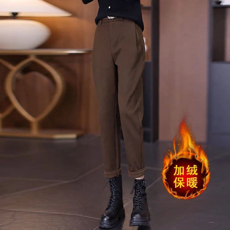 毛呢裤子哈伦裤女2025秋冬新款高腰显瘦加绒加厚西装烟管休闲裤子