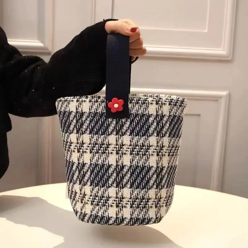 时尚简约格纹帆布水桶包上班手拎包文艺百搭手提包便当饭盒收纳袋