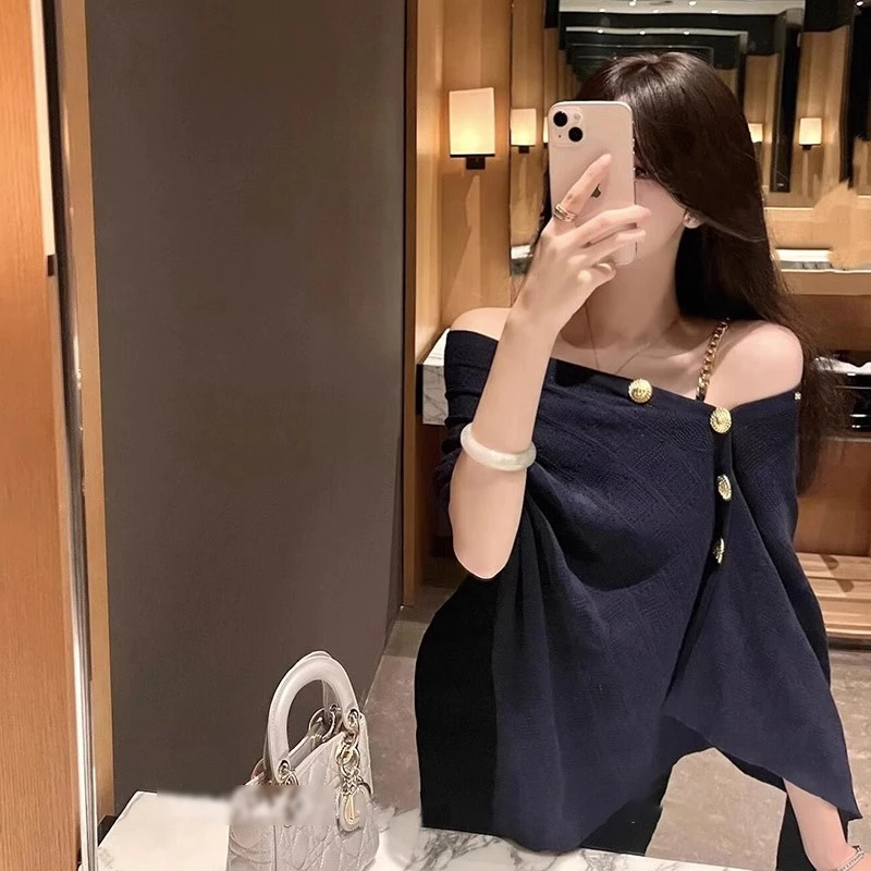 法式一字肩不规则针织斗篷披肩女早秋季高级感气质慵懒风外搭上衣