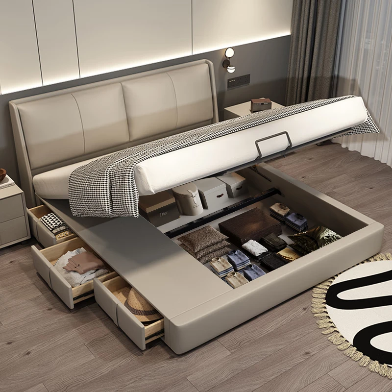 意式极简真皮轻奢主卧大床现代简约带抽屉软床实木1.8米双人婚床