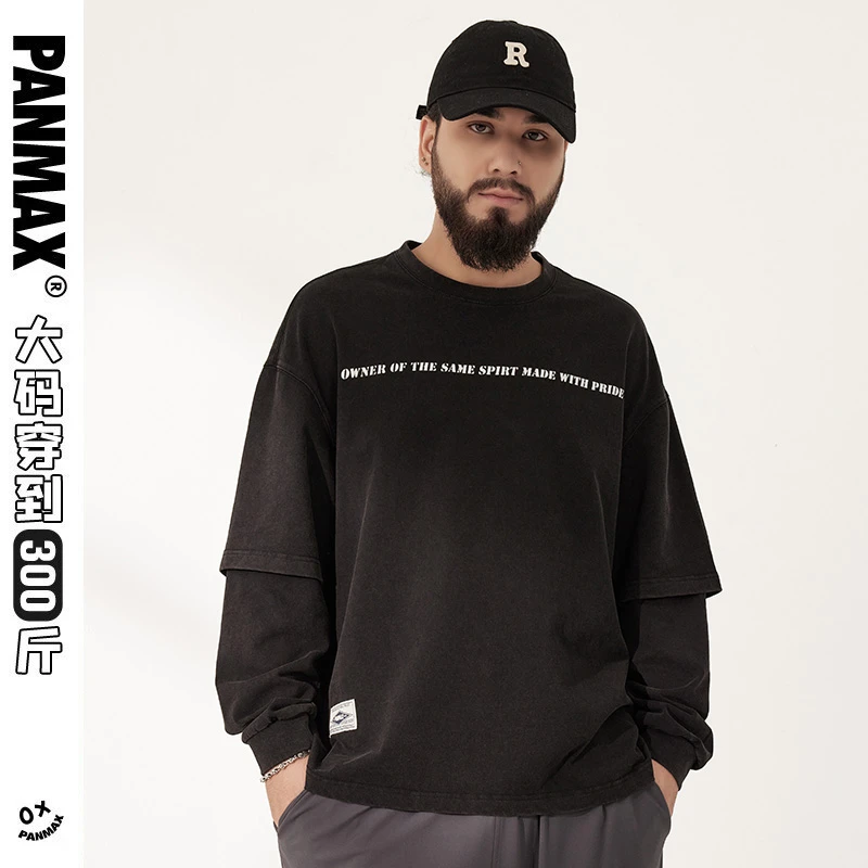 PANMAX/潘·麦克斯潮流秋季复古大码休闲运动圆领百搭宽松长袖T恤