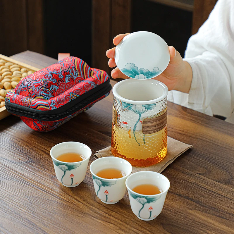 羊脂玉旅行茶具便携荷韵雀翎图快客杯办公户外露营创意茶器泡茶杯